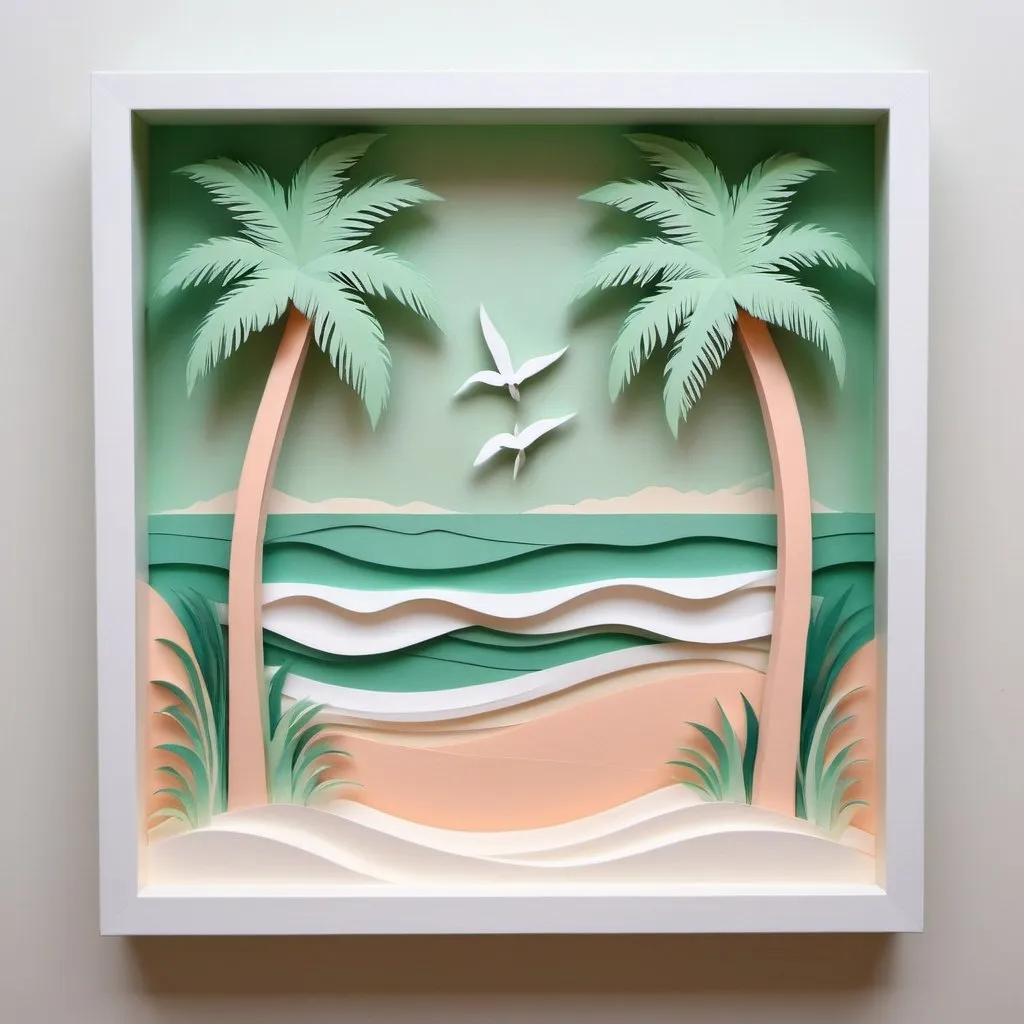 Prompt: 








 a stunning piece of 3D paper art, designed to capture the serene beauty of a coastal scene. The background is a soft peach color, setting a warm and inviting tone. The sea green water gently laps against the peach-colored sandy beach, creating a harmonious blend of colors. Light green palm trees sway gently in the breeze, adding a touch of tropical charm. Each element is intricately cut and layered to create depth and dimension, giving the artwork a lifelike quality. The overall atmosphere is one of calm and tranquility, perfect for transforming any space into a peaceful coastal retreat

















