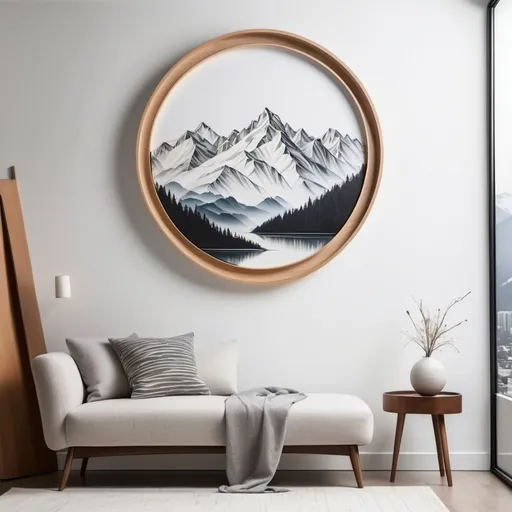 Prompt: Create a sleek, circular painting with snow-capped mountains, set against a pearl-white backdrop. The wooden frame curves gracefully in a modern, aesthetic design. This cool wall art blends natural beauty with contemporary eleganc