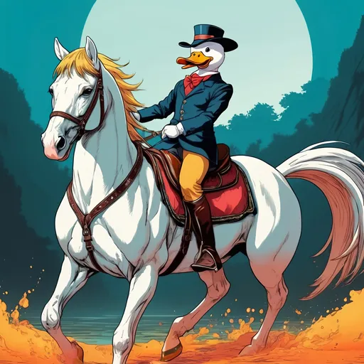 Prompt: A dangerous duck rides a handsome horse. Manga, 4k, bold colors.
