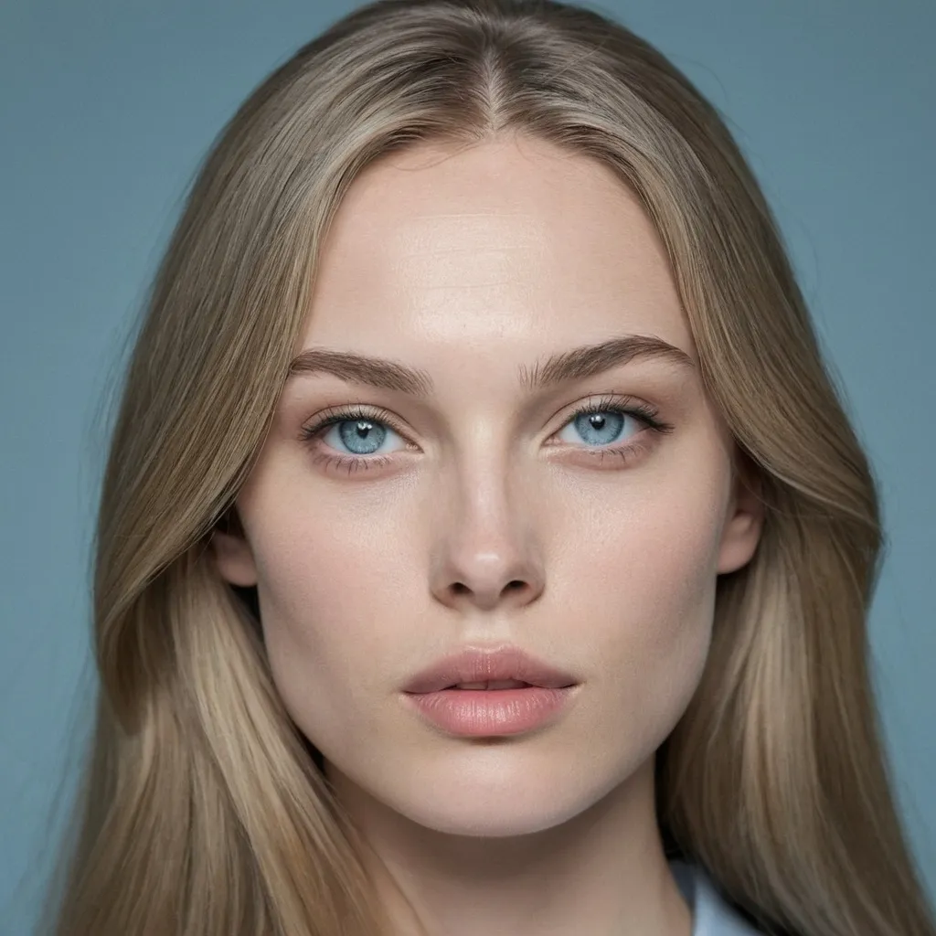 Prompt: White skin, face with perfect proportions and a somewhat sharp jaw, straight and thin nose, lower lip larger than upper lip with a puffy lip shape, gray eyes tending to light blue, attractive and slightly drawn eyes, long dark blonde hair, old money style