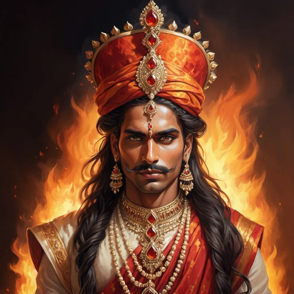 Prompt: majestic Gahadval Rajput monarch, regal attire, fiery elements, strength symbolism, high quality, regal, detailed, majestic, fire elements, royal attire, valor, intense gaze, professional, fiery, atmospheric lighting