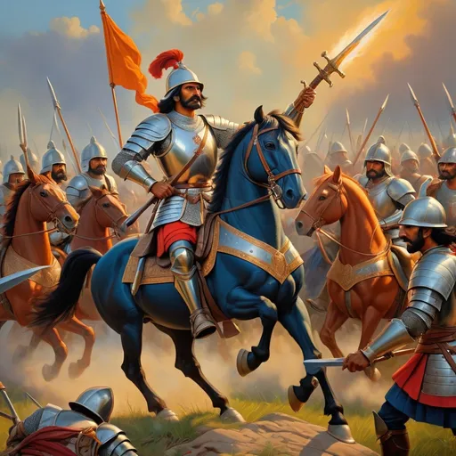 Prompt: Govindachandra Gaharwar commanding troops in valiant defense, historical oil painting, detailed armor and weapons, strategic battlefield, heroic stance, vibrant colors, dramatic lighting, high quality, historical oil painting, detailed armor, heroic stance, vibrant colors, dramatic lighting, medieval, historical, valiant defense, military prowess, detailed armor and weapons, strategic acumen, fearless leadership