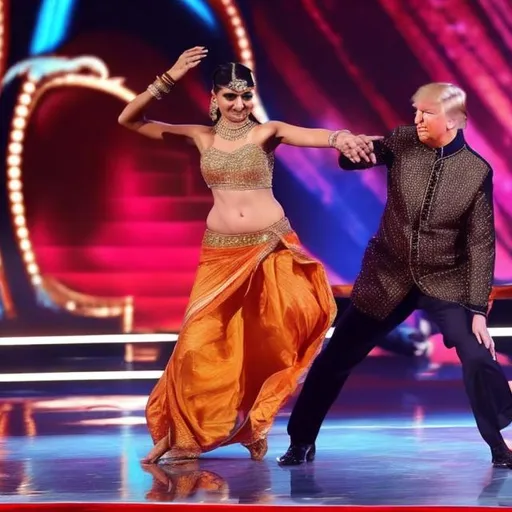 Prompt: Donald Trump dances with Indian dancer on a Indian talent show 