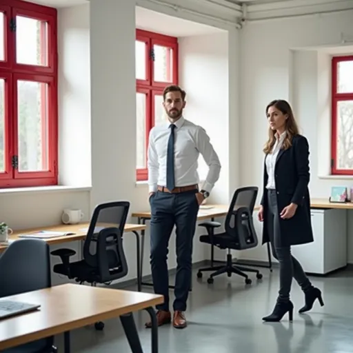 Prompt: Erstell ein Foto in einem klassischen kaufmännischen Büro, mit weißen Wänden, roten hohen Fensterrahmen, zwei deutsche Mitarbeiter klassisch gekleidet, keine Gesichter direkt zeigen, Mann und Frau. Die Szenerie soll einen normalen Arbeitsalltag in einer kaufmännischen Abteilung zeigen. Das Foto wird als Aufmacher Foto in quer genutzt für unsere Website im Bereich Stellenanzeigen.