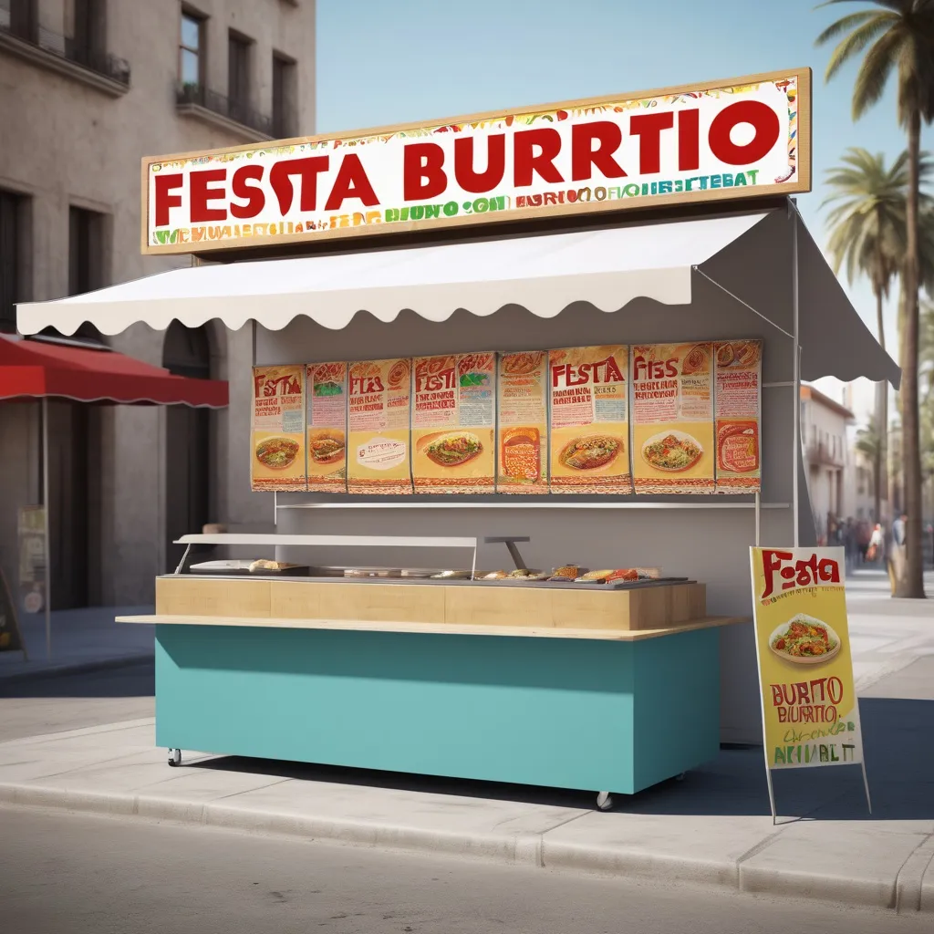 Prompt: a food stand with a sign and a canopy over it that says fiesta burrito on it and a sign that says fiesta burrito on it, Carpoforo Tencalla, arbeitsrat für kunst, concept design, a digital rendering