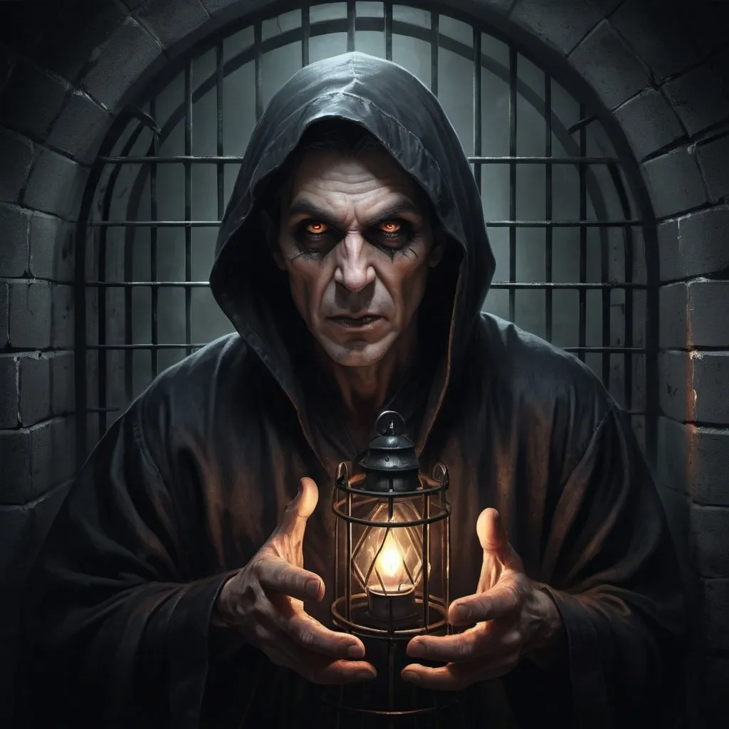 Prompt: Create a highly realistic and dark portrait of an evil sorcerer, trapped inside a cell. The sorcerer should have a frightening appearance, with a sinister expression. The cell should look secure and magical, emphasizing his imprisonment. The overall atmosphere should be ominous and foreboding.