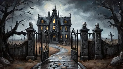 Prompt: The addams family house in the distance, with a dark moody horror vibe background and an iron graveyard gate on stone cobblestone pillars