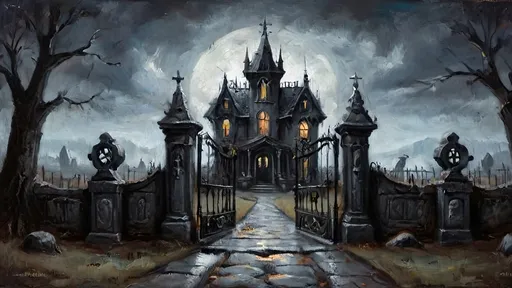 Prompt: The addams family house in the distance, with a dark moody horror vibe background and an iron graveyard gate on stone cobblestone pillars