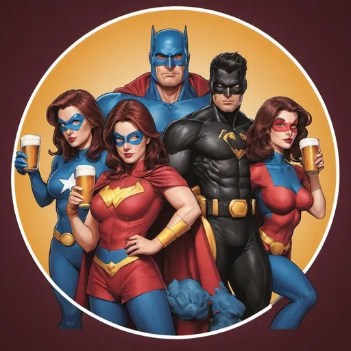 Prompt: Logo type image with manly and female superheroes drinking beer. 