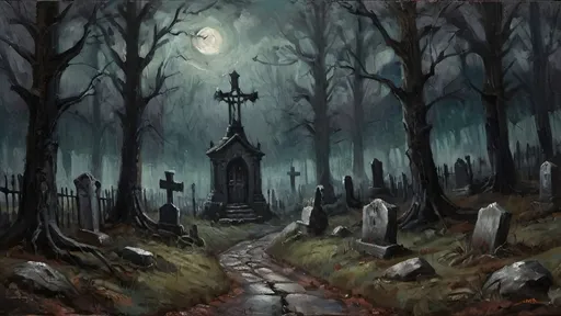 Prompt: A horror style forest with a few graves in a dark moody horror vibe background and a stone cobblestone fence