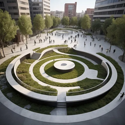 Prompt: Circular ramp with vertical mural in the middle of its circular interior part of the ramp. the ramp has hard and soft scape elements: seats, lights, figures, ground water features and lighting system
urban design 
