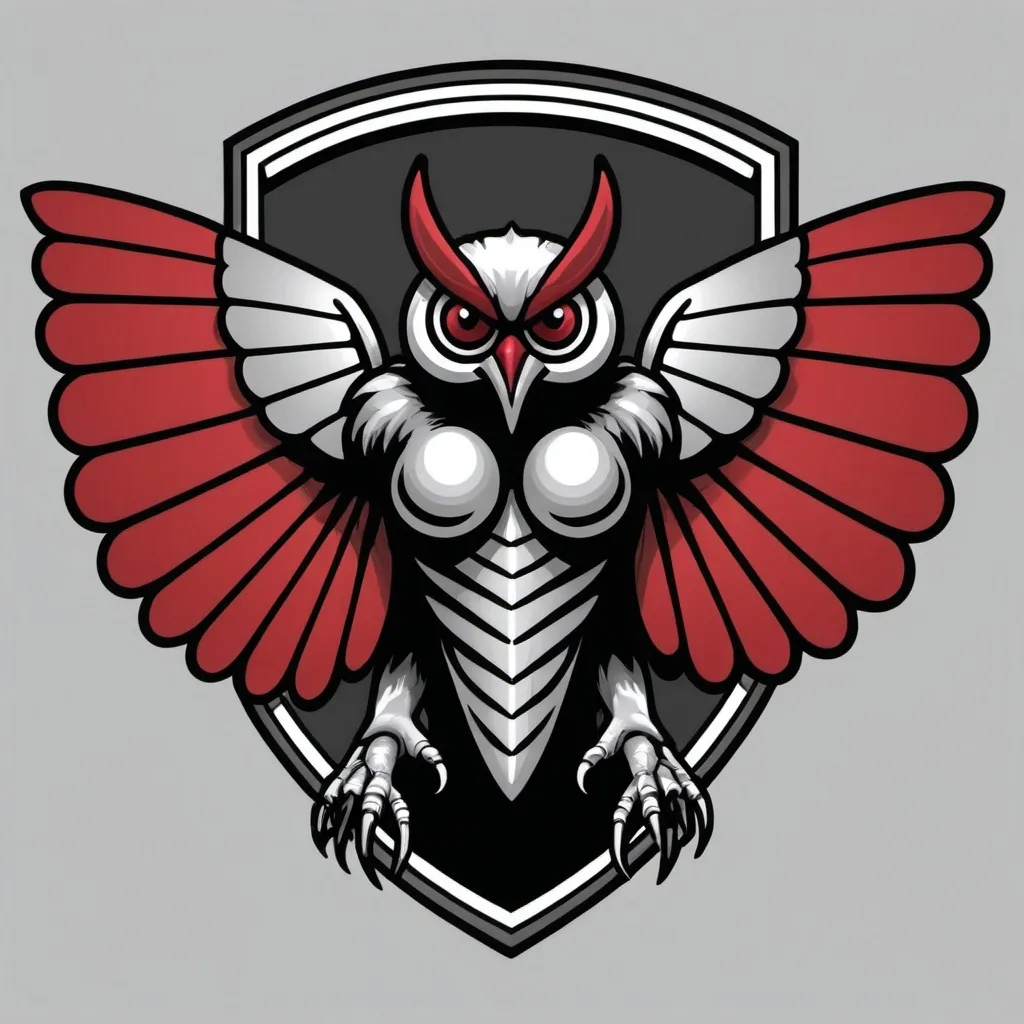 Prompt: The Cryptid Mothman as a college football logo. Colors of black, red, white, and silver. The school is called Mothman University.