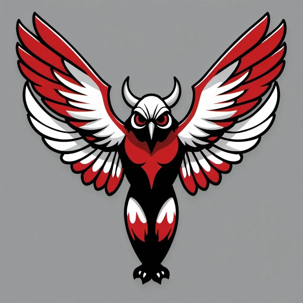 Prompt: The Cryptid Mothman as a college football logo. Colors of black, red, white, and silver. The school is called Mothman University.