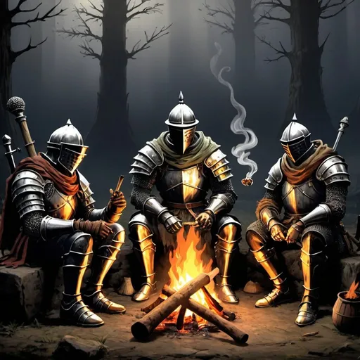 Prompt: 
Set in the "Dark Souls" game series I want an image of a series of characters sitting around a bonfire smoking marijuana from a bong pipe
