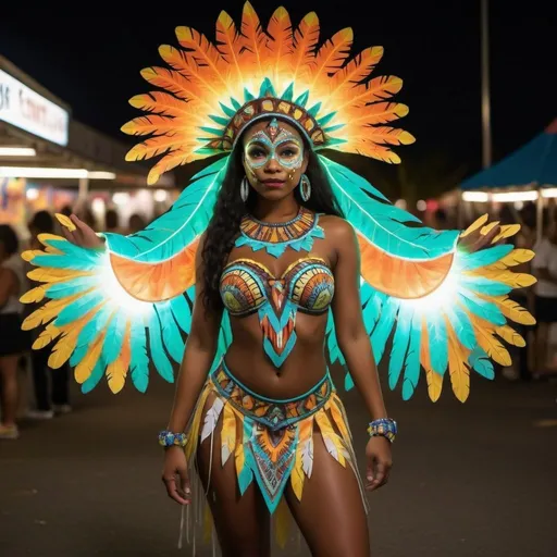 Prompt: A carnival costume that glows in the dark and is inspired by indigenous culture in the Caribbean. Full body. 