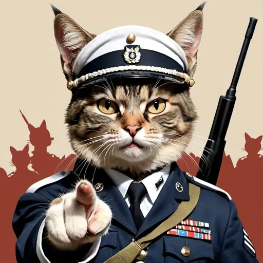 Prompt: a realistic cat with an angry expression pointing at the camera in the style of US military propaganda recruiting soldiers for war. Poster style. Details of the poster paper in the image