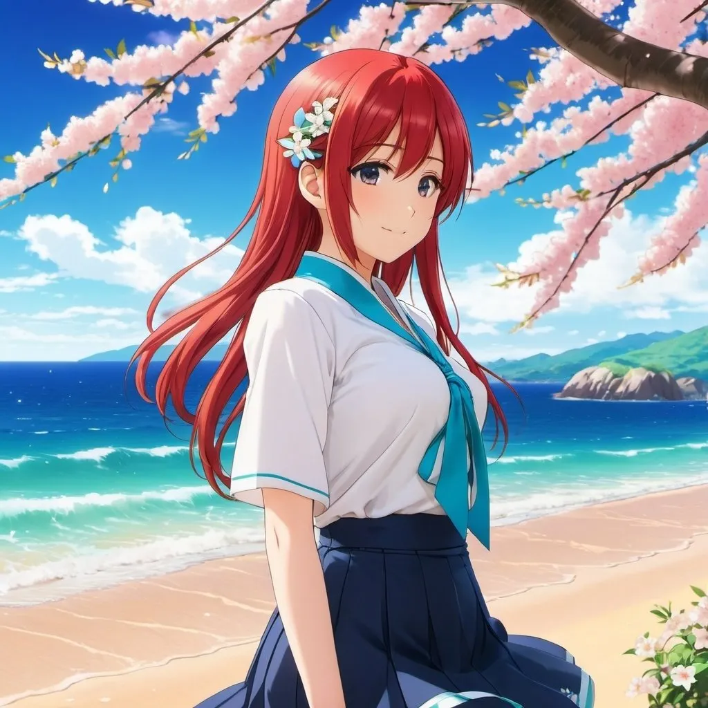 Prompt: Use anime Style from bocchi the rock, use Miku Nakano from quintessential quintuplets as model, she is wearing a kiut blue shirt with white decorations of a cherry tree on the left side of the skirt, She is looking at the horizon on her side, with a smile on her face and a serene expression, with her eyes half-closed but full of brightness, Her red hair is blown slightly by the wind, red hair pulled back, side profile, and a very detailed background of a beutifull night in a beach, very detailed, and using the Tomoki Izumi draw style, only one person