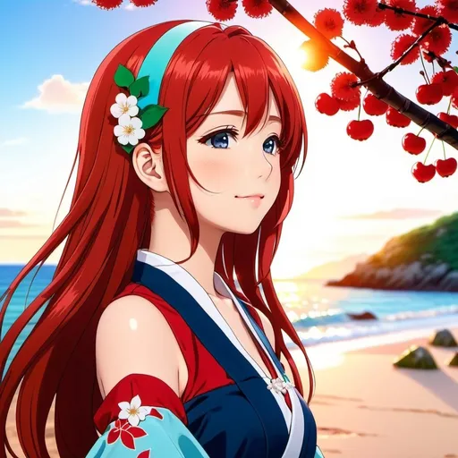 Prompt: Use anime Style from bocchi the rock, use Miku Nakano from quintessential quintuplets as model, she is wearing a kiut blue dress with white decorations of a cherry tree on the left side of the dress, she is also wearing her hearing aids icons, She is looking at the horizon on her side, with a smile on her face and a serene expression, with her eyes half-closed but full of brightness, Her red hair is blown slightly by the wind, red hair pulled back, side profile, waiting for her date  and a very detailed background of a sunset in a beach, very detailed, and using the Tomoki Izumi draw style, only one person