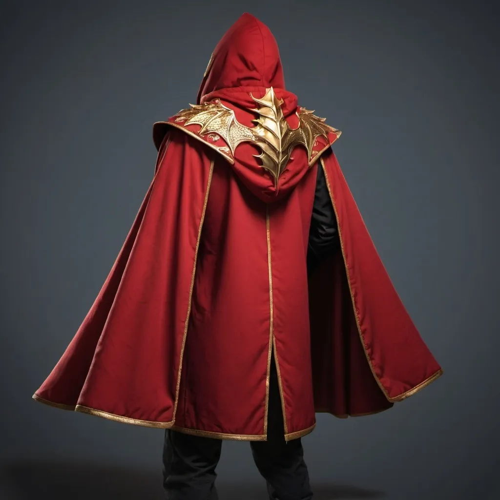 Prompt: A red cloak, with hood, golden edges texture, a symbol of a dragon on the back