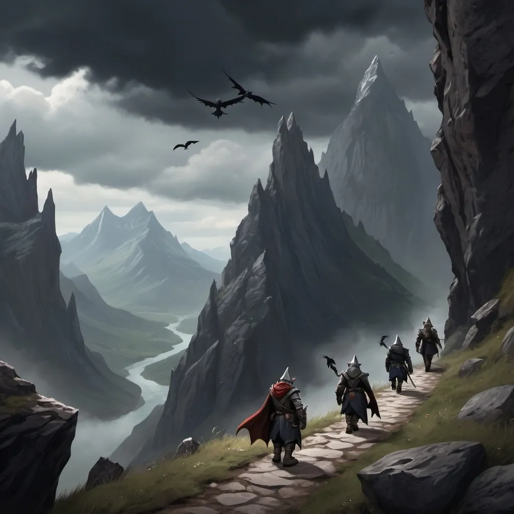 Prompt: Medieval adventure, a human fighter, a gnome, an elf and a dragonborn, walk on a path side to a mountain cliff, dark mountain with pointy rocks, dark clouds, crows flying in the sky