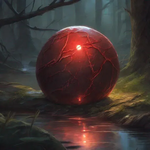 Prompt: a small glowing round stone with red veins in florest dark place swamp, dungeons and dragons, magic the gathering, fantasy art, fantasy, wizard, concept art, , artstation, award winning, painting, watercolor, illustration florest, power light magic, 4K, game desing art fantasy