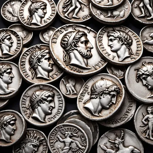 Prompt: An image of ancient Greek or Roman silver coins to illustrate their historical significance.