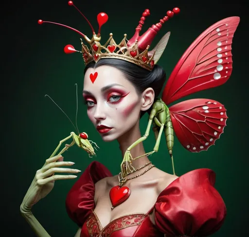 Prompt: queen of hearts combined with a praying mantis and she is manical
ethereal looking