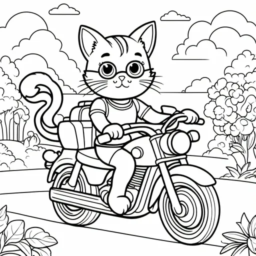 Prompt: B&W coloring book page, Cat driving a motorcycle