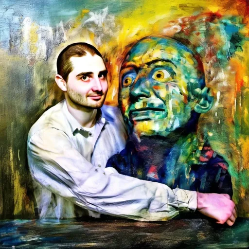 Prompt: oil paint head shoulders man, his head is split into two because he has bipolar disorder, one face is happy and manic, the other is sad and depressive, and both cases in one picture ,Visible strokes,rough edges,muted colors.Warm lighting neutral backdrop