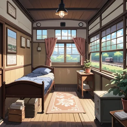 Prompt: 2d studio ghibli anime style, A cozy, personal living space tucked within the train station building, featuring a combination of vintage and modern decor. The room has thick brick walls, painted a soft, muted color, and a large window that looks out onto the station platform. Sunlight filters through thin curtains, casting warm, inviting light across a small writing desk cluttered with papers, books, and a steaming cup of tea. Against one wall is a comfortable bed, neatly made with a patchwork quilt, flanked by a wooden nightstand with an old-fashioned lantern. The space is adorned with potted plants and framed photographs, giving it a lived-in, homey feel, while the aged brick and creaky wooden floor hint at the building’s long history. This is clearly a bedroom dormitory within the station, anime scene, background only