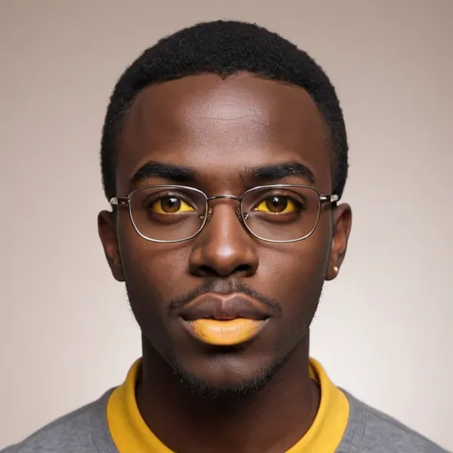 Prompt: Man with dark skin,yellow eyes glasses 
Bold extra big lips extra big nose,busy eyebrows 
