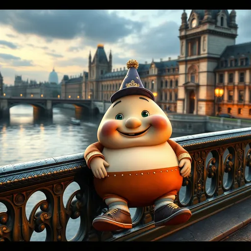 Prompt: (fantasy style) Humpy Dumpy cartoon, seated on a bridge over the River Thames in London, whimsical atmosphere, playful and vibrant colors, charming details, lush background scenery including historical London architecture, reflections in the water, UHD quality, captivating and dreamy ambiance, inviting feel, emphasizing fantastical elements with a warm glow.