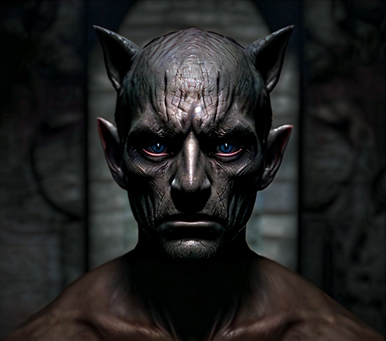 Prompt: man Dressed in black, he evokes a dark atmosphere.His dark face, with sunken  eyes, inspires a sense of depth and introspection, while the thin and narrow mouth suggests a reserved or severe character. The aquiline nose and pointed little ears give an almost fantastic appearance, almost like a magical creature.