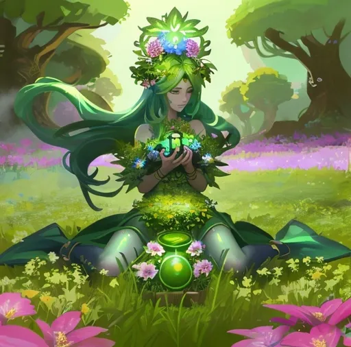 Prompt: A plant goddess in a meadow of flowers, video game like. High quality face