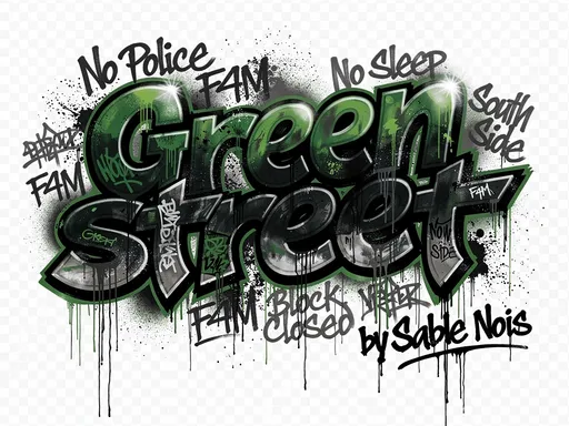 Prompt: Graffito old school Detroit-style, lettering aggressivo e urbano, spray gocciolante con texture realistica. La scritta principale “Green Street” al centro, caratteri bold, tridimensionali, con vernice spray verde scuro, nero e grigio, colature evidenti e irregolari. Colpi di luce bianca netti sulle lettere per creare contrasto e profondità.
Stile street art autentico anni ’90, raw, underground, influenze hip-hop e industrial Detroit, linee sporche ma controllate, alto livello di dettaglio, paint splatter naturali.
In basso a destra, vicino al graffito principale, una tag in spray nero gocciolante con la scritta “by Sable Nois”, più piccola ma ben leggibile.
Intorno al graffito e tra le lettere, scritte secondarie come graffiti spontanei e scarabocchi urbani:
“No Police”, “No Sleep”, “F4M”, “South Side”, “Block Closed”, integrate nello spazio negativo, stile tagging rapido, variazioni di scala e inclinazione.
Illuminazione urbana drammatica, contrasto alto, look realistico da muro cittadino.
Sfondo completamente trasparente (alpha channel), nessun muro visibile, nessuna texture di fondo.
Ultra-detailed, sharp focus, high resolution, professional street art illustration, no borders.