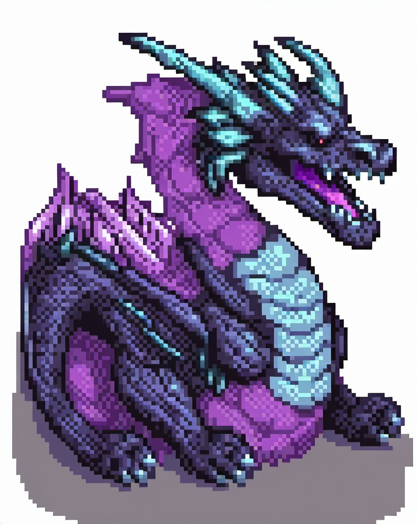Prompt: Giant black and purple dragon  with sharp teeth and crystals