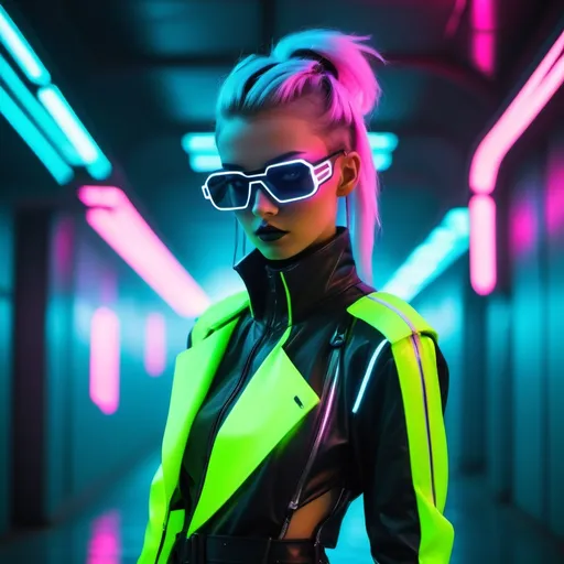 Prompt: Cyberpunk fashion model, neon-lit runway, futuristic attire, bold and edgy style.