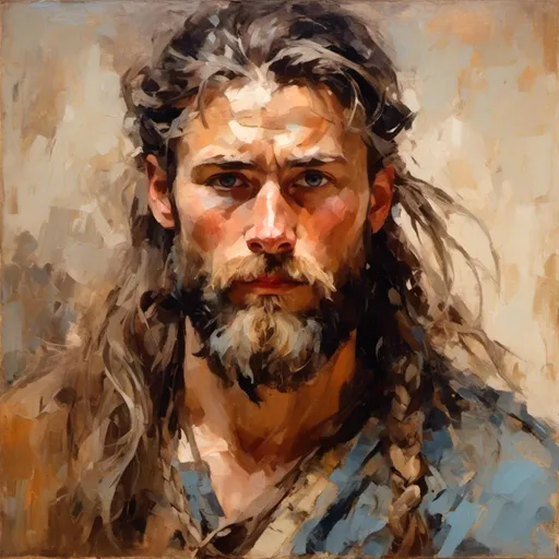 Prompt: <mymodel> 30 year old viking man, long brown hair in braids, beard, looking at viewer, determined expression