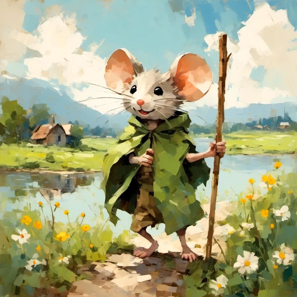 Prompt: <mymodel> short anthropomorphic mouse hero, children's illustration, cute, smiling, green cape, gnarled wooden walking stick, adventurous, hiking in fields of flowers by a river, blue sky, white clouds, side satchel