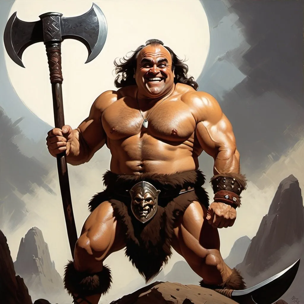 Prompt: danny devito in the style of frank frezetta, dark fantasy, barbarian, giant axe, smile