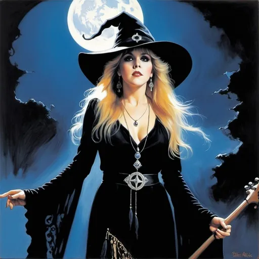 Prompt: stevie nicks in the style of frank frezetta, dark fantasy, witch