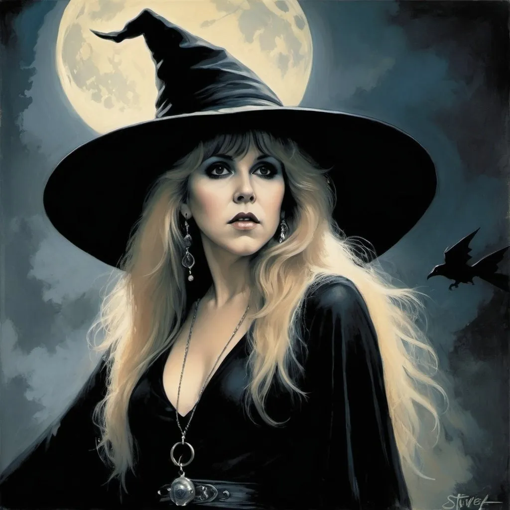 Prompt: stevie nicks in the style of frank frezetta, dark fantasy, witch