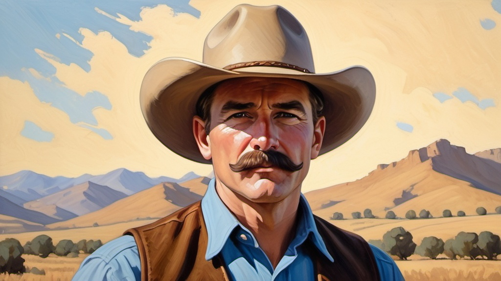 Prompt: a painting of a man wearing a cowboy hat and a blue shirt with brown vest, short trimmed chevron mustache, impressionist painting style, David Palumbo style, serial art, western comic book art, a character portrait