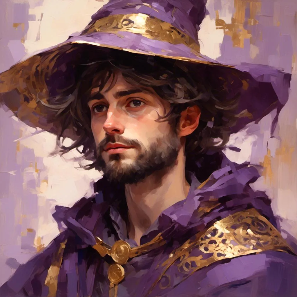 Prompt: <mymodel> young wizard, medium length brown hair, short beard, curious expression, purple robes with gold filigree, purple wizard hat, golden motes floating