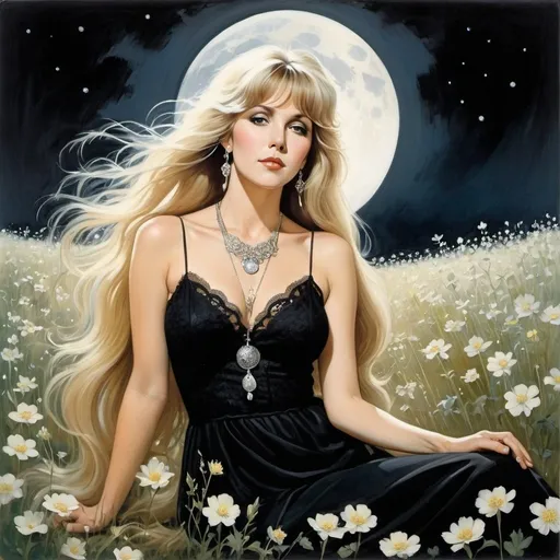 Prompt: blonde long haired woman sitting in a field of white flowers on a moonlit night wearing a black lacy dress, silver jewelry, frank frezetta style, blonde bangs over forehead, stevie nicks, large white moon