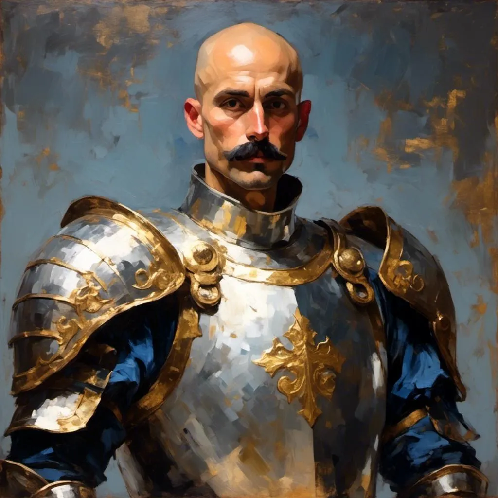 Prompt: <mymodel> 30 year old knight man, bald, short thick trimmed mustache, determined expression, silver armor with gold filigree, dark background with subtle dark blue backlighting