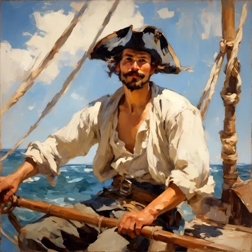 Prompt: <mymodel> 30 year old pirate man, bandana, bald, short thick mustache, smiling, mouth closed, sailing on the ocean, blue sky, wispy white clouds, tri-corner hat, determined expression, arms folded