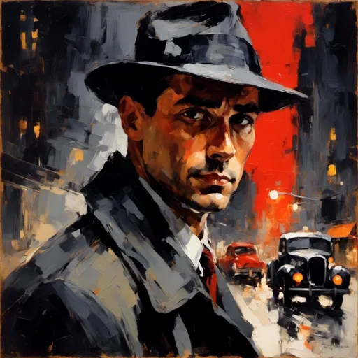 Prompt: <mymodel> detective man in a dark noir city setting, 1940's, pulp hero, portrait, black, white, and red color scheme