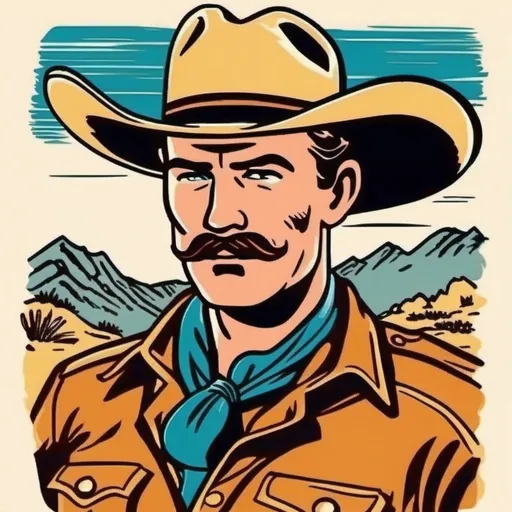 Prompt: wild west sheriff's deputy with short wavy hair and a short trimmed mustache and cowboy hat, drawn in a 1950s art style