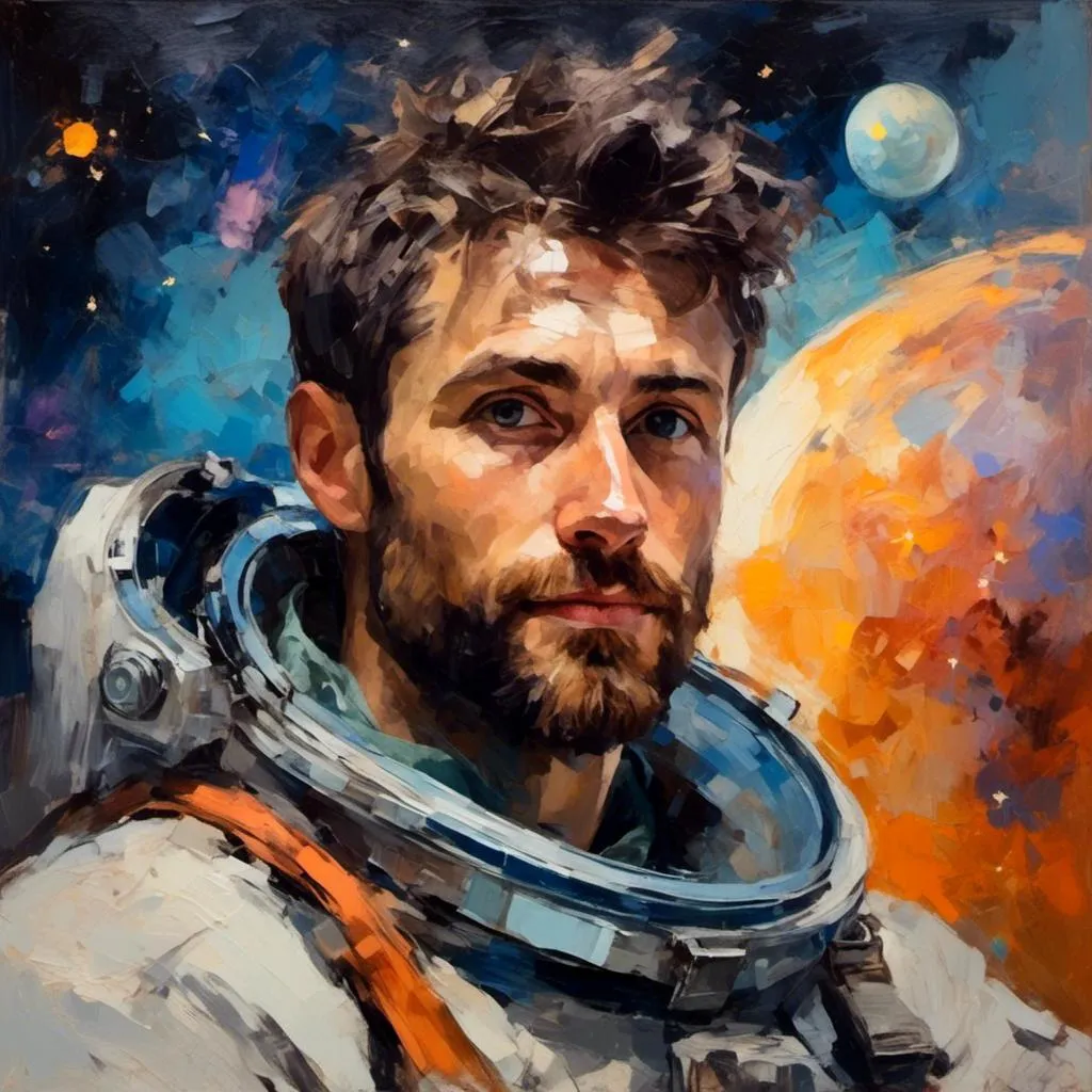 Prompt: <mymodel> portrait of a 30 year old scruffy man space pilot, looking at camera, colorful outer space in the background with stars, galaxies, and a planet with a moon